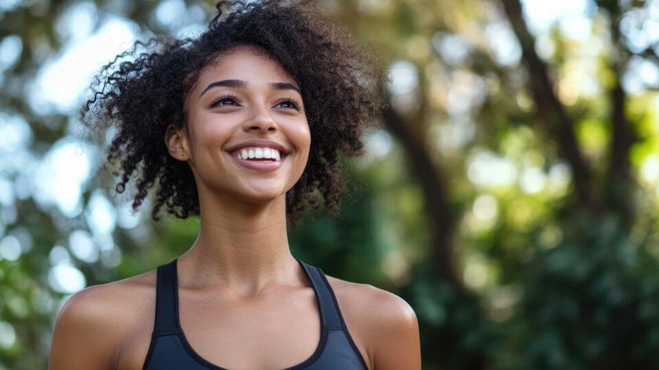 A head and shoulders shot of a happy, smiling person in workout clothing in nature.