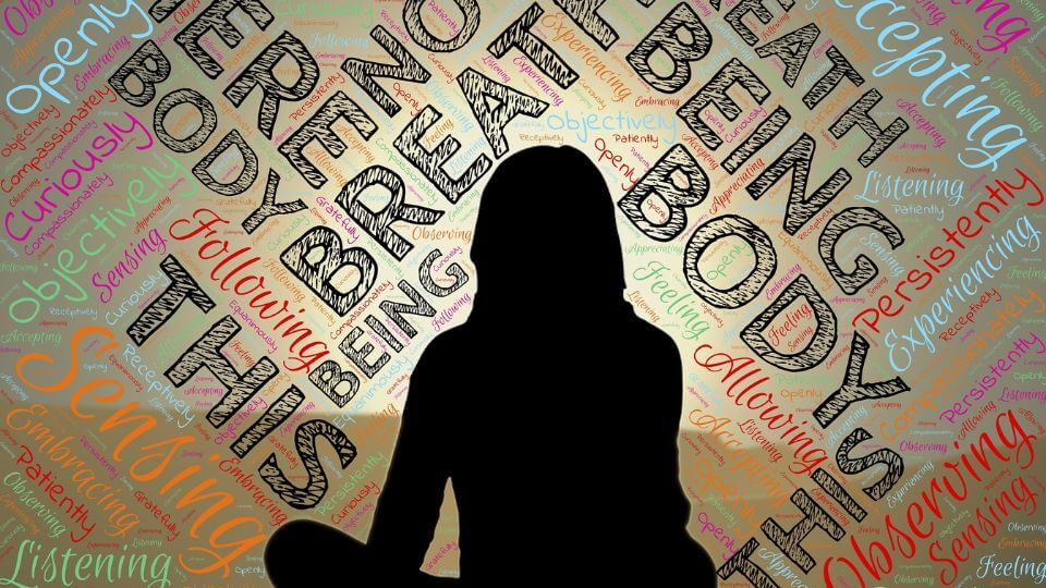 A silhouette sitting cross-legged on the floor and various empowering breathwork-related words on the wall in the background.