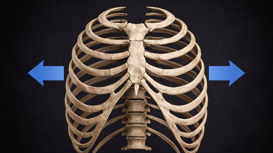 An image of a human rib cage with an arrow pointing to the left and an arrow pointing to the right, indicating the sideways movement of the rib cage during a hypopressive breath.