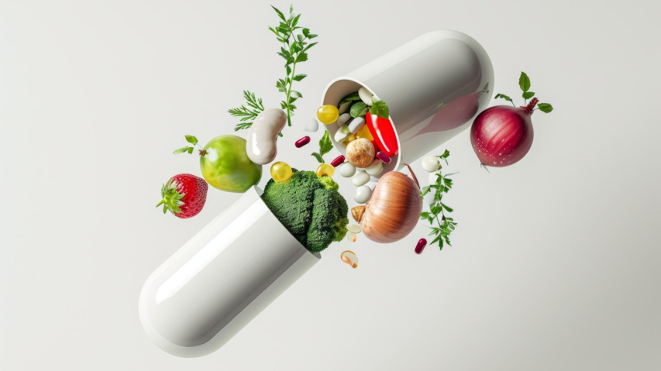 An opened vitamin capsule with plant-based foods bursting out of it.