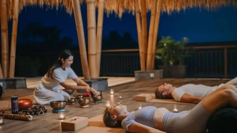 A relaxing bedtime yoga session at Ubud Nyuh Bali Resort.