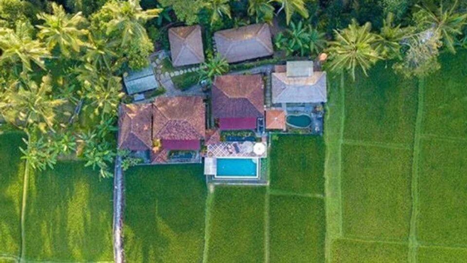 A stunning overhead image of FireFly retreat in Ubud, surrounded by rice paddies and tropical foliage.