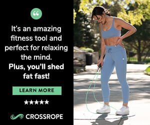A person uses Crossrope next to a quote saying it's an amazing fitness tool perfect for relaxing the mind and shedding fat fast.