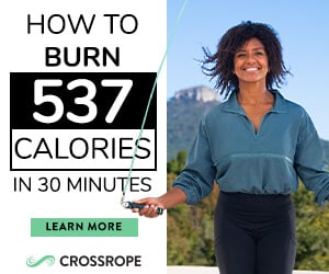 A smiling person uses Crossrope next to a message that this is how to burn 537 calories in 30 minutes.